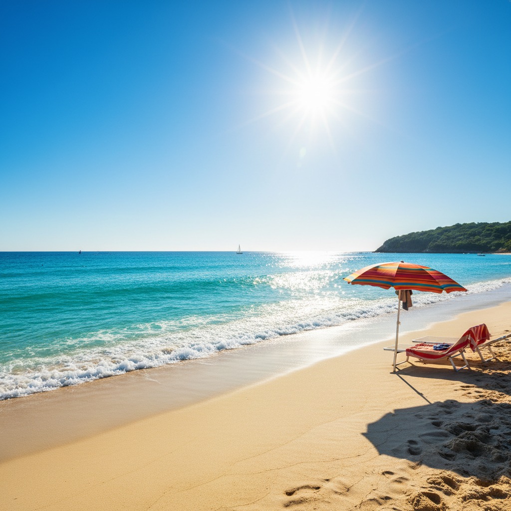 Ein bunter Sonnenschirm und zwei Liegestühle stehen an einem sonnigen Sandstrand am türkisblauen Meer.