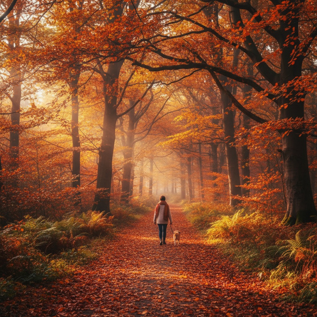 Ein Spaziergänger geht mit einem Hund auf einem von orangen Herbstblättern bedeckten Weg durch einen herbstlichen Wald.